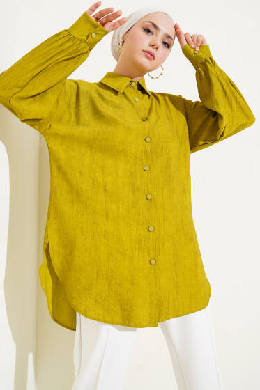 Kırışık Dokulu Basic Gömlek Yağ Yeşili - Gömlek