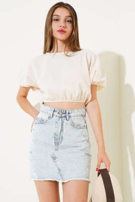 Kırışık Keten Crop Bej - Kadın Giyim Modelleri