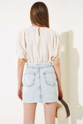 Kırışık Keten Crop Bej - Kadın Giyim Modelleri