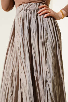 Kırışık Kumaş Bel Lastikli Etek Bej - Uzun Etek