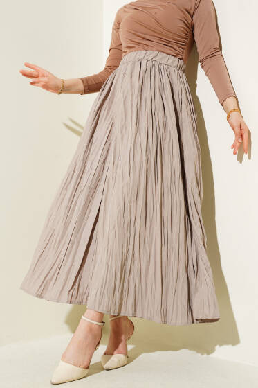 Kırışık Kumaş Bel Lastikli Etek Bej - Uzun Etek