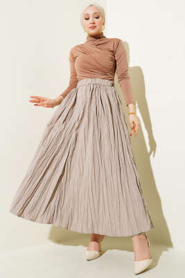 Kırışık Kumaş Bel Lastikli Etek Bej - Uzun Etek