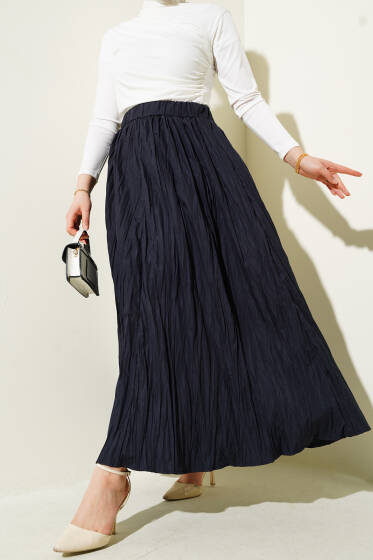 Kırışık Kumaş Bel Lastikli Etek Lacivert - Etek