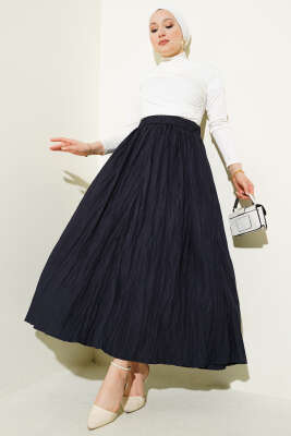 Kırışık Kumaş Bel Lastikli Etek Lacivert - Uzun Etek
