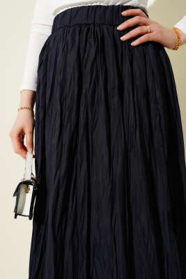 Kırışık Kumaş Bel Lastikli Etek Lacivert - Uzun Etek