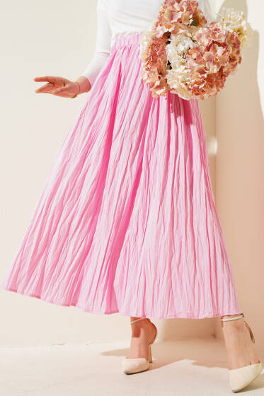 Kırışık Kumaş Bel Lastikli Etek Pembe - Etek