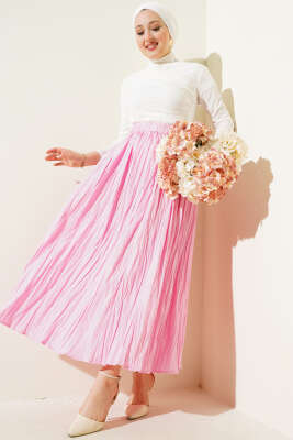 Kırışık Kumaş Bel Lastikli Etek Pembe - Uzun Etek