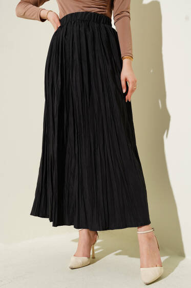 Kırışık Kumaş Bel Lastikli Etek Siyah - Etek