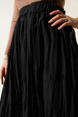 Kırışık Kumaş Bel Lastikli Etek Siyah - Uzun Etek