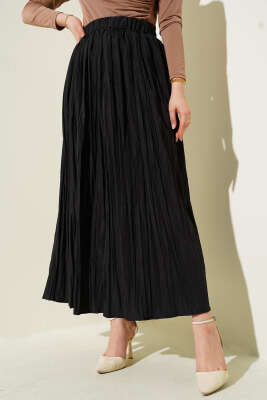 Kırışık Kumaş Bel Lastikli Etek Siyah 