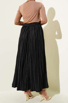 Kırışık Kumaş Bel Lastikli Etek Siyah - Uzun Etek