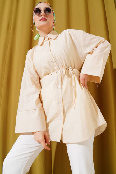 Kırışık Kumaş Görünümlü Gömlek Bej - Gömlek