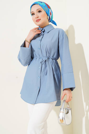 Kırışık Kumaş Görünümlü Gömlek İndigo - Gömlek