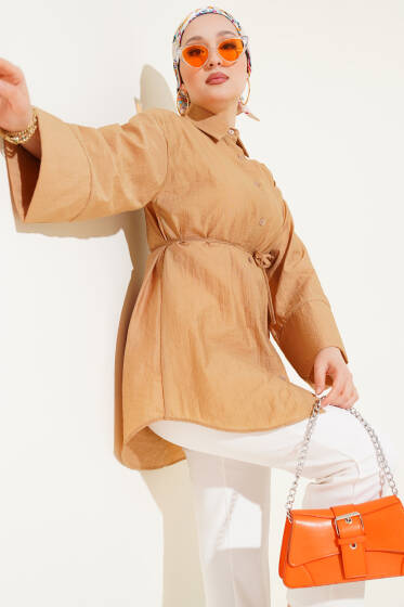 Kırışık Kumaş Görünümlü Gömlek Latte - Gömlek