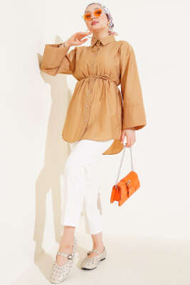 Kırışık Kumaş Görünümlü Gömlek Latte - Gömlek