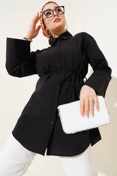 Kırışık Kumaş Görünümlü Gömlek Siyah - Gömlek