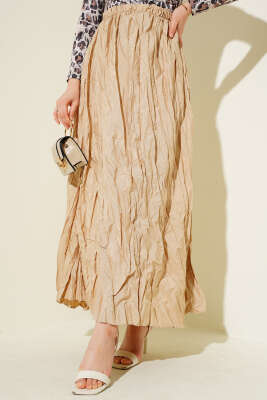 Kırışık Pileli Etek Bej - Uzun Etek