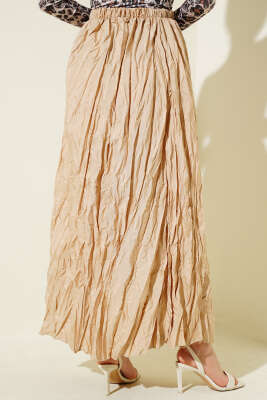 Kırışık Pileli Etek Bej - Uzun Etek