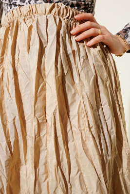 Kırışık Pileli Etek Bej - Uzun Etek