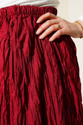 Kırışık Pileli Etek Bordo - Uzun Etek