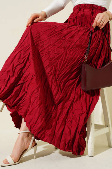 Kırışık Pileli Etek Bordo - Yılın Fırsatı 