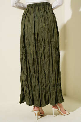 Kırışık Pileli Etek Haki - Uzun Etek