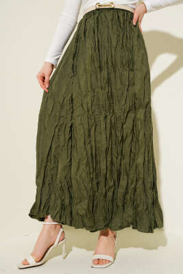 Kırışık Pileli Etek Haki - Uzun Etek