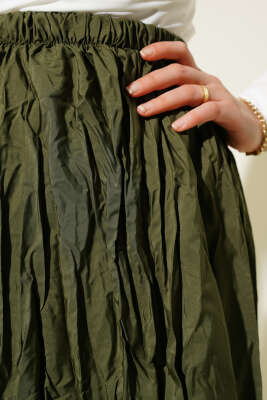 Kırışık Pileli Etek Haki - Uzun Etek