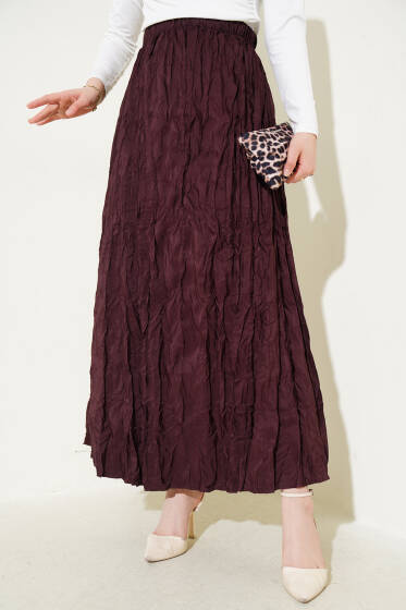 Kırışık Pileli Etek Mürdüm - Yılın Fırsatı 