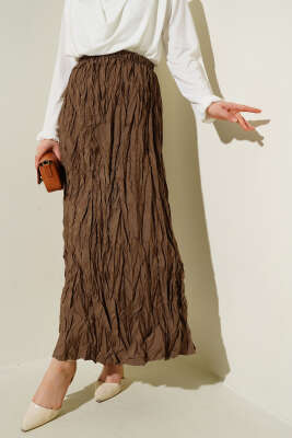 Kırışık Pileli Etek Taba - Uzun Etek