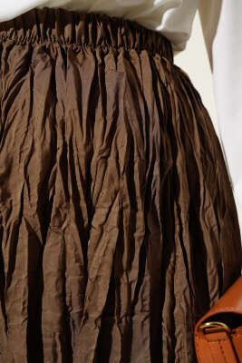 Kırışık Pileli Etek Taba - Uzun Etek