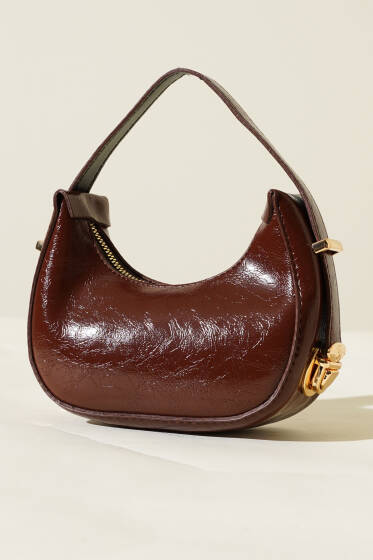 Kırışık Rugan Mini Baget Çanta Acı Kahve - Kol Çantası