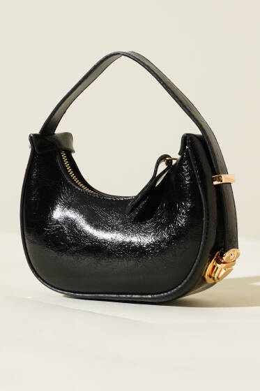 Kırışık Rugan Mini Baget Çanta Siyah - Kol Çantası