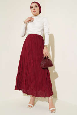 Kırışık Vual Etek Bordo - Uzun Etek