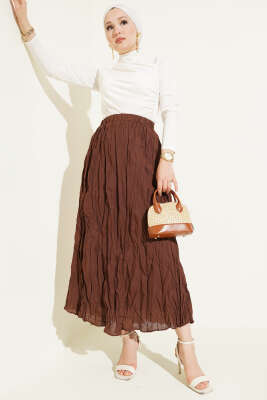Kırışık Vual Etek Kahve - Uzun Etek