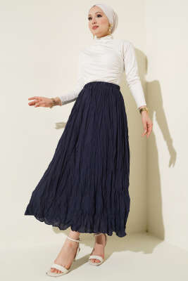 Kırışık Vual Etek Lacivert - Uzun Etek