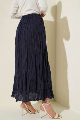 Kırışık Vual Etek Lacivert - Uzun Etek