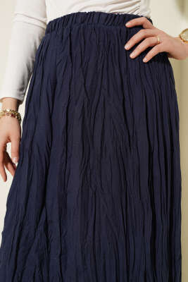 Kırışık Vual Etek Lacivert - Uzun Etek