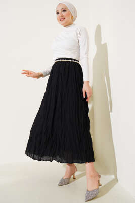 Kırışık Vual Etek Siyah - Uzun Etek