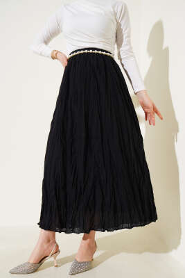 Kırışık Vual Etek Siyah - Uzun Etek