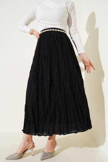 Kırışık Vual Etek Siyah - Uzun Etek
