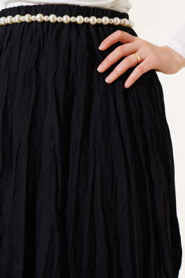 Kırışık Vual Etek Siyah - Uzun Etek