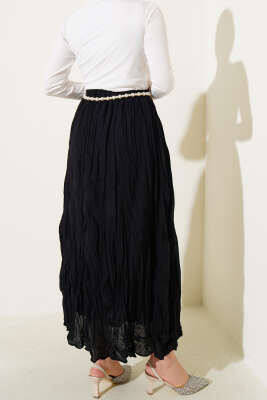 Kırışık Vual Etek Siyah - Uzun Etek