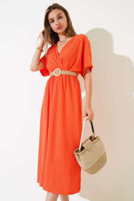 Kırkınkıl Hasır Kemerli Elbise Oranj - Kadın Giyim Modelleri