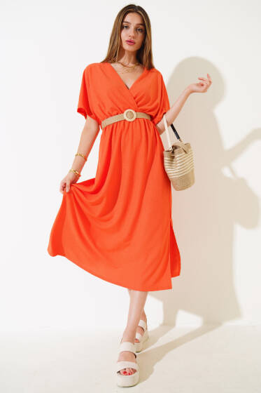 Kırkınkıl Hasır Kemerli Elbise Oranj - Yeni Giyim