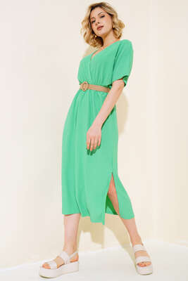 Kırkınkıl Hasır Kemerli Elbise Yeşil - TİLLE