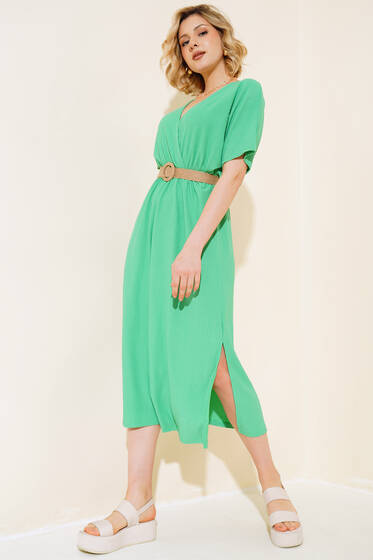 Kırkınkıl Hasır Kemerli Elbise Yeşil - Yeni Giyim