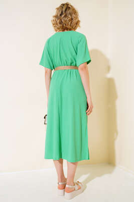 Kırkınkıl Hasır Kemerli Elbise Yeşil - Thumbnail