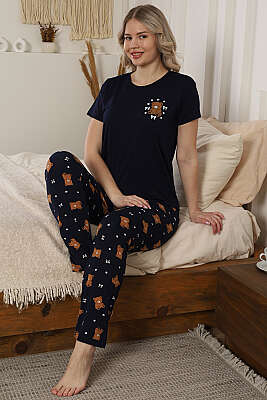 Kısa Kol Ayılı Pijama Takımı Lacivert - Pijama