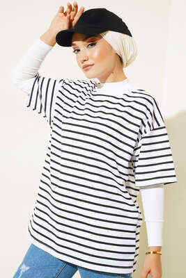 Kısa Kol Basic Çizgili Tshirt Beyaz - Yılın Fırsatı